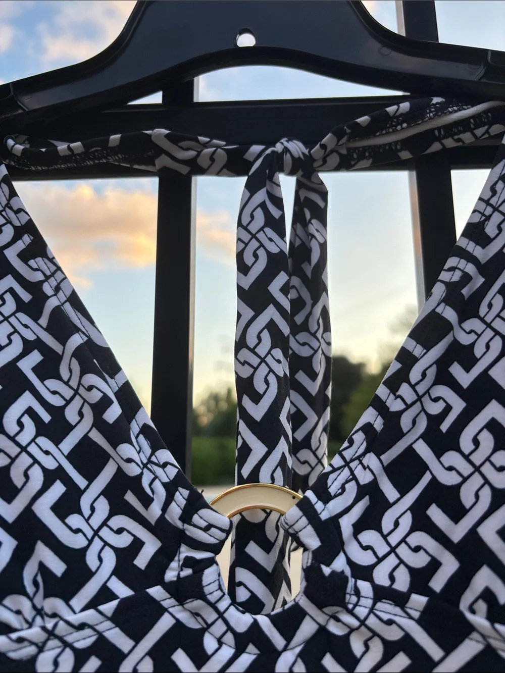 Chain  Black & White Chain-Print One-Piece Swimsuit Gold Ring at Bust